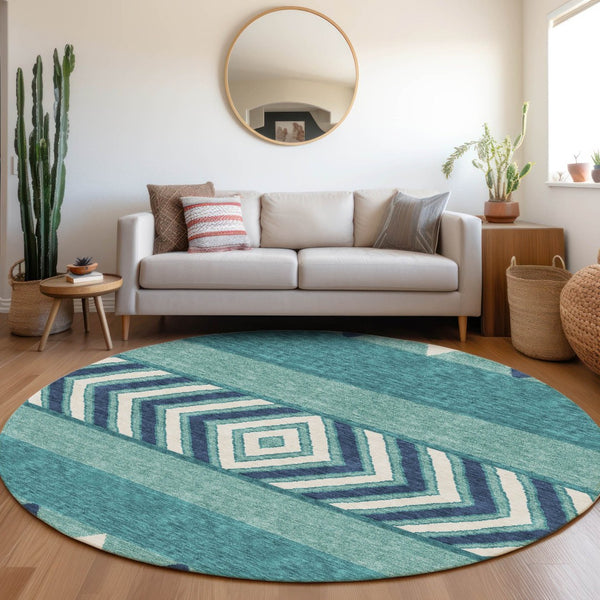 HomeRoots 8' Teal Navy Blue & Ivory Southwestern Round Rug – Washable, UV Protected, Durable & Pet-Friendly! 676443