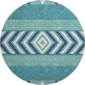 HomeRoots 8' Teal Navy Blue & Ivory Southwestern Round Rug – Washable, UV Protected, Durable & Pet-Friendly! 676443