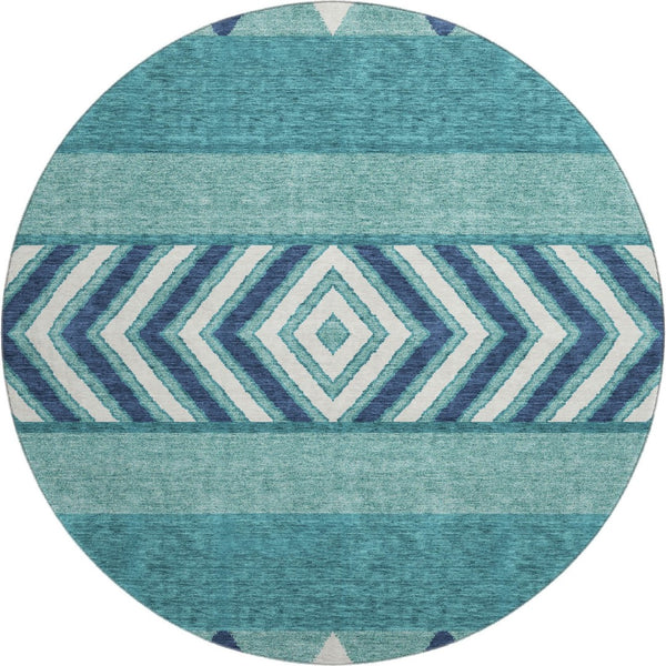 HomeRoots 8' Teal Navy Blue & Ivory Southwestern Round Rug – Washable, UV Protected, Durable & Pet-Friendly! 676443