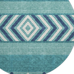 HomeRoots 8' Teal Navy Blue & Ivory Southwestern Round Rug – Washable, UV Protected, Durable & Pet-Friendly! 676443