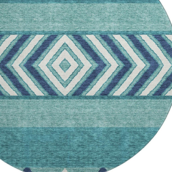 HomeRoots 8' Teal Navy Blue & Ivory Southwestern Round Rug – Washable, UV Protected, Durable & Pet-Friendly! 676443