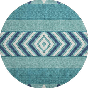 HomeRoots 8' Teal Navy Blue & Ivory Southwestern Round Rug – Washable, UV Protected, Durable & Pet-Friendly! 676443