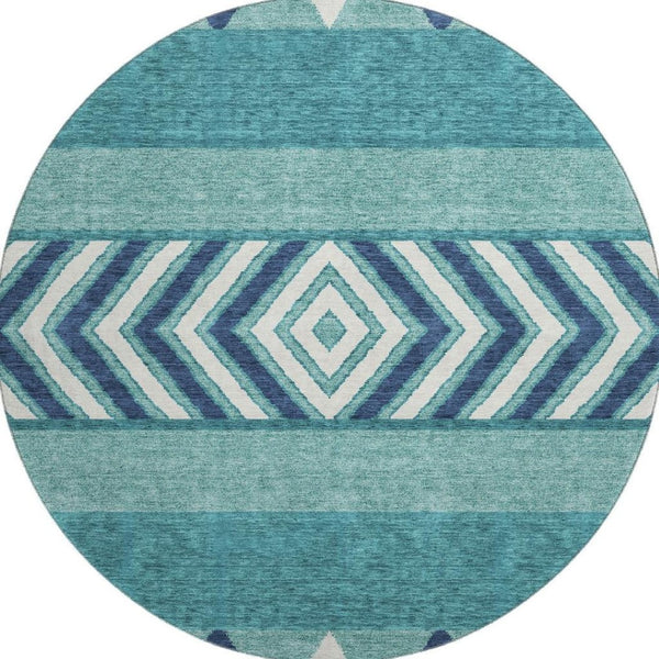HomeRoots 8' Teal Navy Blue & Ivory Southwestern Round Rug – Washable, UV Protected, Durable & Pet-Friendly! 676443