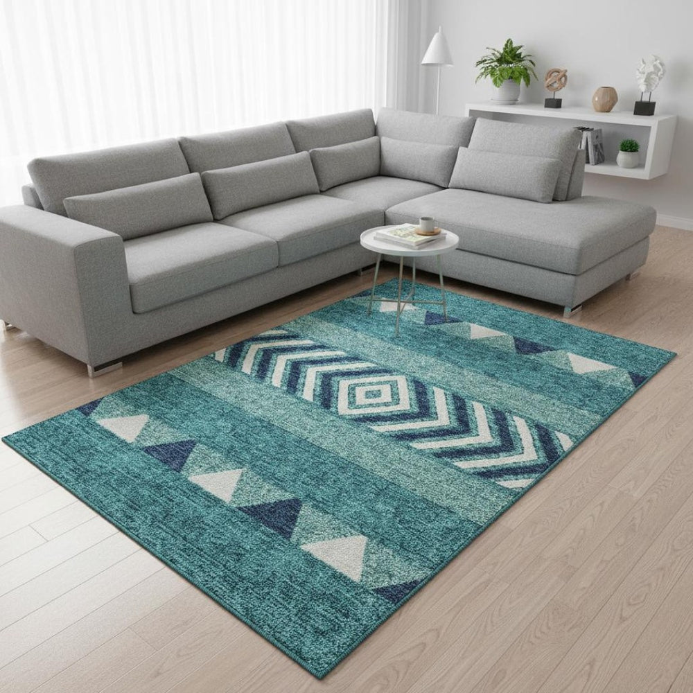 HomeRoots 8' X 10' Southwestern Area Rug in Teal, Navy Blue & Ivory - Durable, Washable & UV-Protected Design 676444