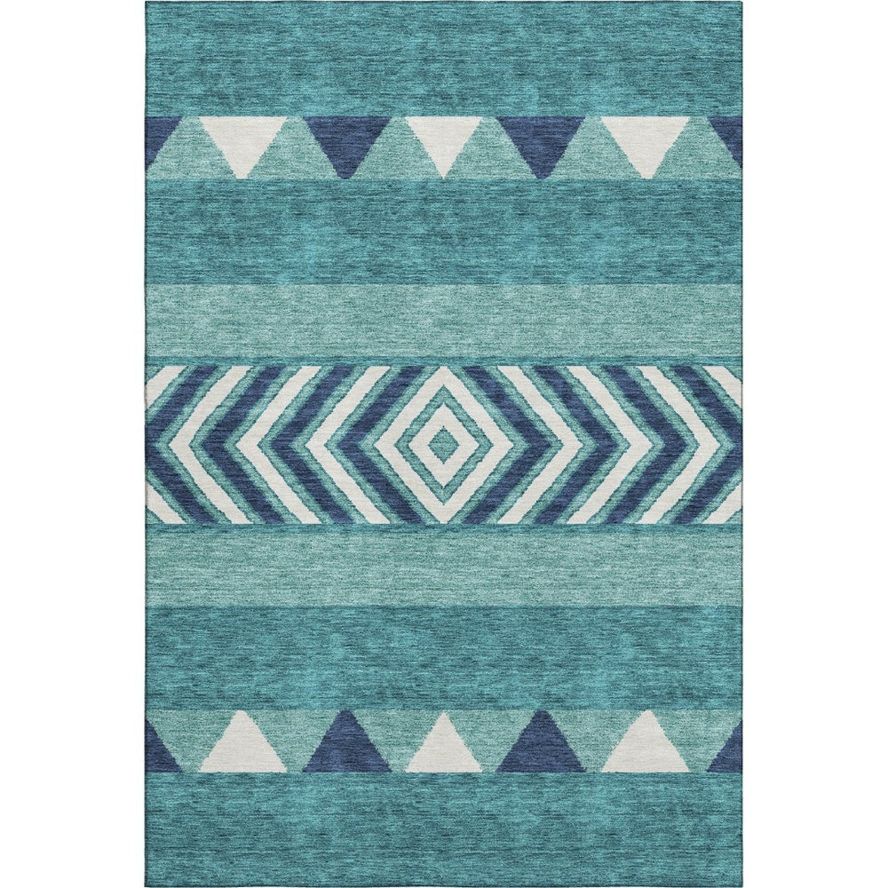 HomeRoots 8' X 10' Southwestern Area Rug in Teal, Navy Blue & Ivory - Durable, Washable & UV-Protected Design 676444