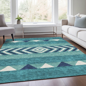 HomeRoots 8' X 10' Southwestern Area Rug in Teal, Navy Blue & Ivory - Durable, Washable & UV-Protected Design 676444