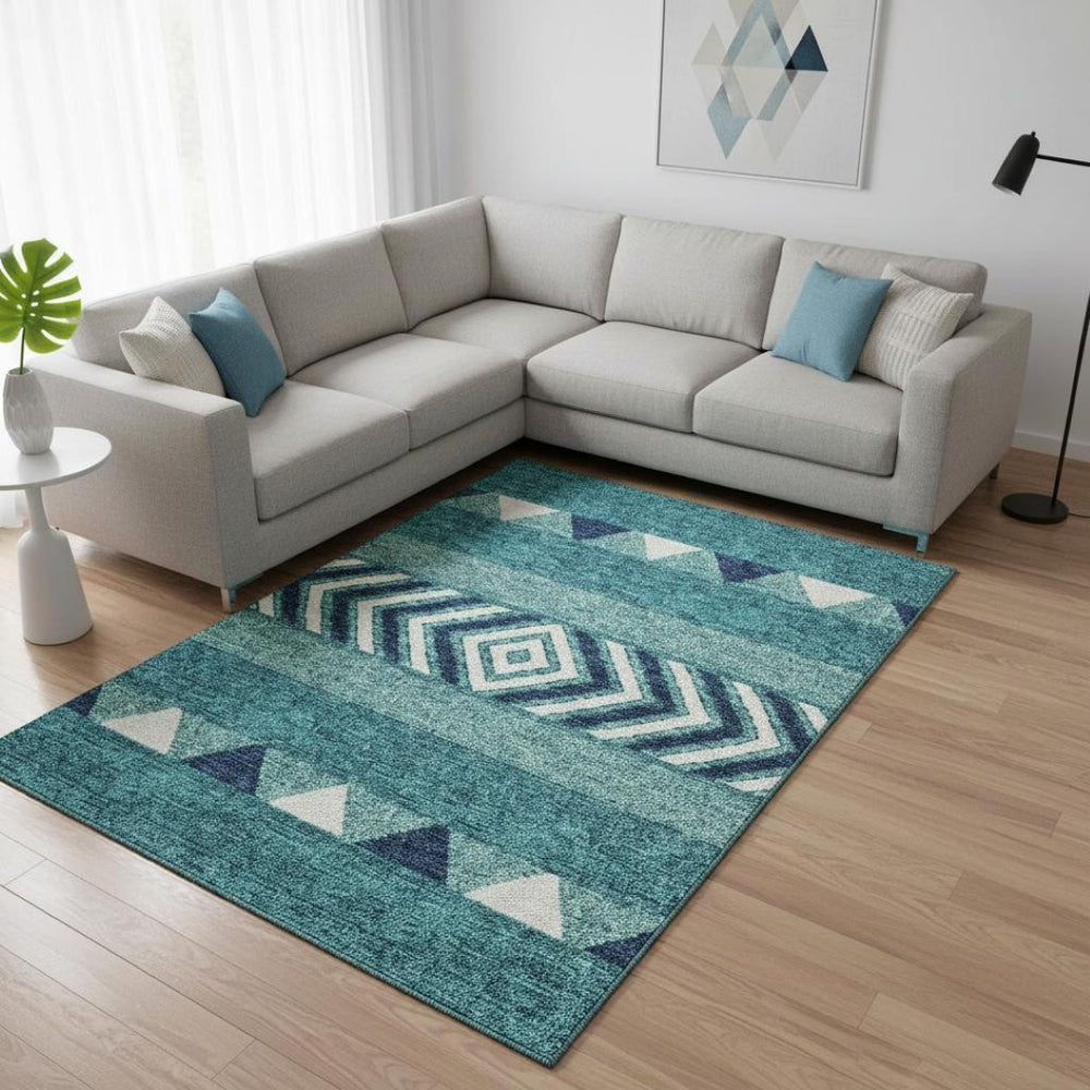 HomeRoots 9' X 12' Southwestern Teal Navy Blue & Ivory Area Rug - Washable, UV Protected, Durable for Homes 676445
