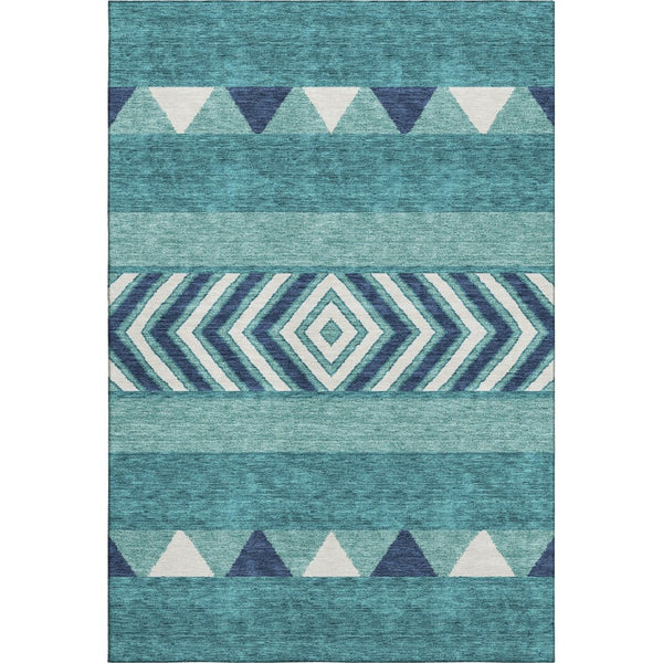 HomeRoots 9' X 12' Southwestern Teal Navy Blue & Ivory Area Rug - Washable, UV Protected, Durable for Homes 676445