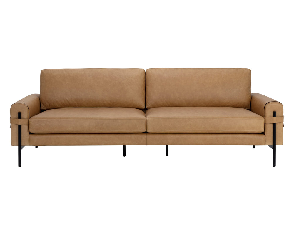 Sunpan Camus Sofa - Luxurious Top Grain Leather with Stylish Strap Detailing and Matte Black Iron Legs