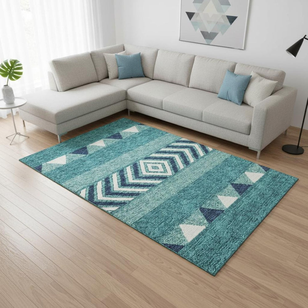 HomeRoots 10' Southwestern Washable Area Rug in Teal, Navy Blue & Ivory - UV Protected, Durable & Stylish! 676446