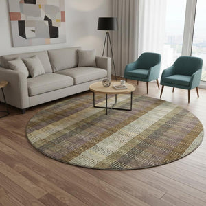 HomeRoots 8' Washable Brown Ivory Plum Plaid Round Rug with UV Protection – Durable, Stylish & Family-Friendly! 676449
