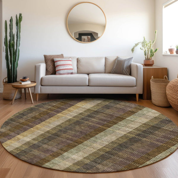 HomeRoots 8' Washable Brown Ivory Plum Plaid Round Rug with UV Protection – Durable, Stylish & Family-Friendly! 676449