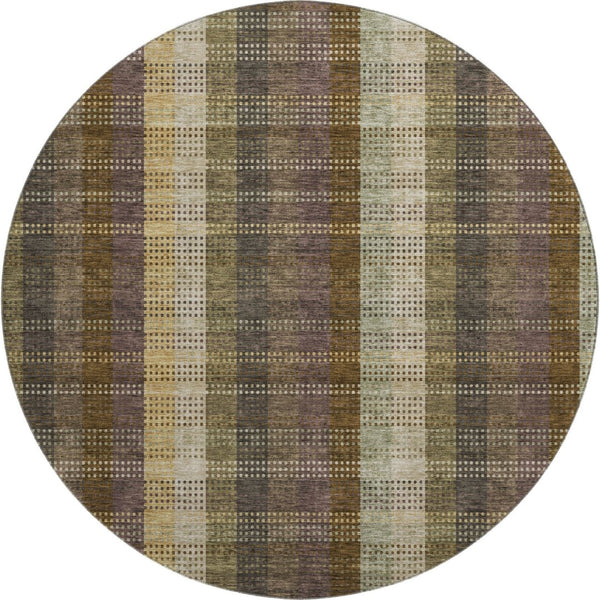 HomeRoots 8' Washable Brown Ivory Plum Plaid Round Rug with UV Protection – Durable, Stylish & Family-Friendly! 676449