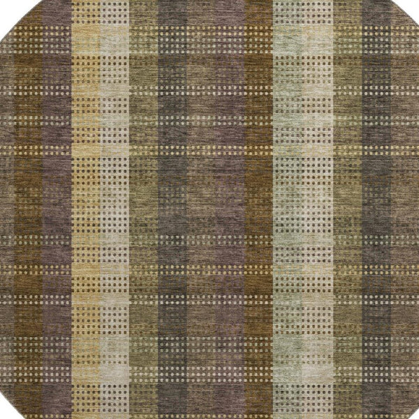 HomeRoots 8' Washable Brown Ivory Plum Plaid Round Rug with UV Protection – Durable, Stylish & Family-Friendly! 676449