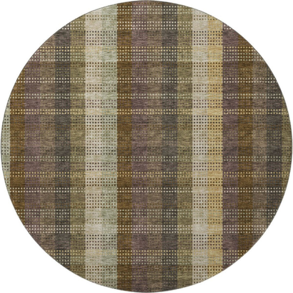 HomeRoots 8' Washable Brown Ivory Plum Plaid Round Rug with UV Protection – Durable, Stylish & Family-Friendly! 676449
