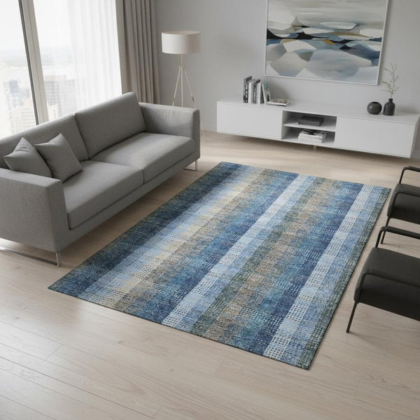 HomeRoots 5' X 8' Denim Blue Gray Beige Plaid Washable Area Rug - Durable, Stain-Resistant, UV Protected Design 676454