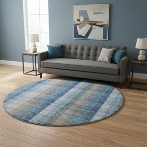 HomeRoots 8' Denim Blue Gray Beige Plaid Round Rug - Durable, Washable, UV Protected for Family & Outdoor Spaces 676455