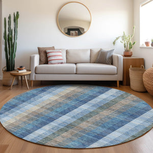HomeRoots 8' Denim Blue Gray Beige Plaid Round Rug - Durable, Washable, UV Protected for Family & Outdoor Spaces 676455