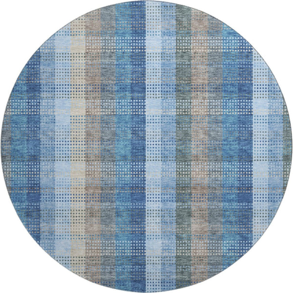 HomeRoots 8' Denim Blue Gray Beige Plaid Round Rug - Durable, Washable, UV Protected for Family & Outdoor Spaces 676455