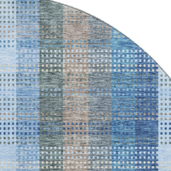 HomeRoots 8' Denim Blue Gray Beige Plaid Round Rug - Durable, Washable, UV Protected for Family & Outdoor Spaces 676455