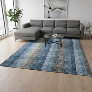 HomeRoots 8' X 10' Durable Denim Blue Gray Beige Plaid Washable Area Rug with UV Protection for Family Homes 676456