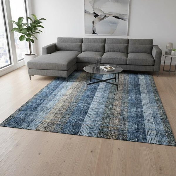 HomeRoots 8' X 10' Durable Denim Blue Gray Beige Plaid Washable Area Rug with UV Protection for Family Homes 676456