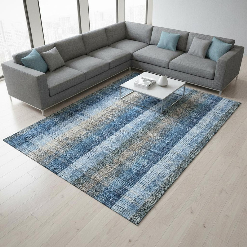HomeRoots 9' X 12' Plaid Area Rug in Denim Blue, Gray & Beige – Durable, Washable, UV Protected for Active Homes 676457