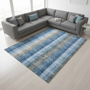 HomeRoots 10' Denim Blue Gray Beige Plaid Washable Area Rug - Durable, Stain-Resistant, UV Protected Style! 676458