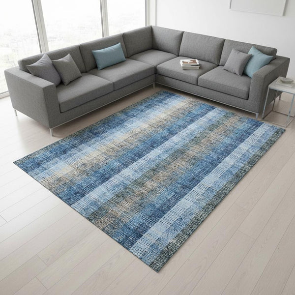 HomeRoots 10' Denim Blue Gray Beige Plaid Washable Area Rug - Durable, Stain-Resistant, UV Protected Style! 676458