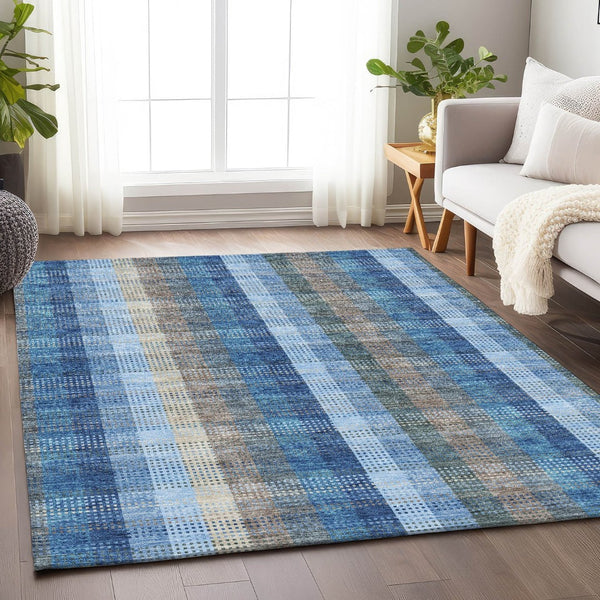HomeRoots 10' Denim Blue Gray Beige Plaid Washable Area Rug - Durable, Stain-Resistant, UV Protected Style! 676458