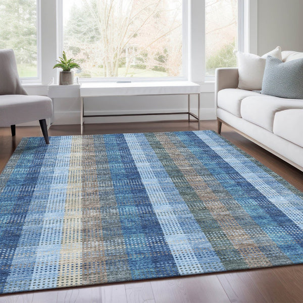 HomeRoots 10' Denim Blue Gray Beige Plaid Washable Area Rug - Durable, Stain-Resistant, UV Protected Style! 676458