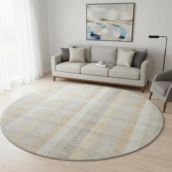 HomeRoots 8' Ivory Beige and Gray Plaid Washable Round Rug with UV Protection for Stylish, Everyday Living 676461