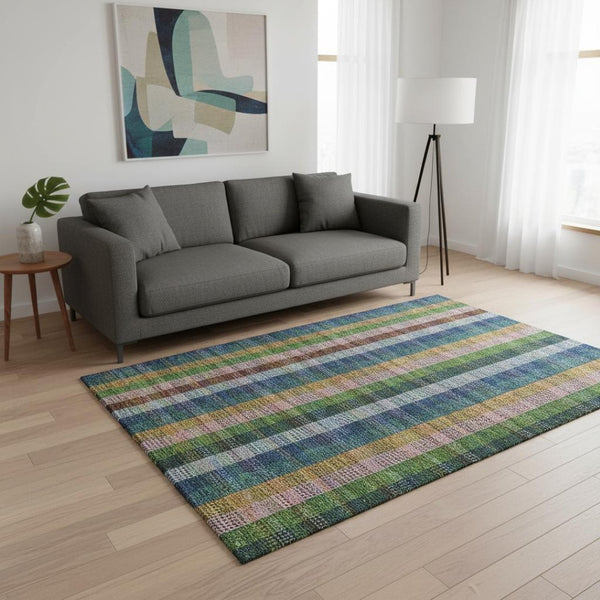 HomeRoots 5' X 8' Navy Green Gold Plaid Washable Area Rug – Durable, UV-Protected, Perfect for High-Traffic Spaces! 676466