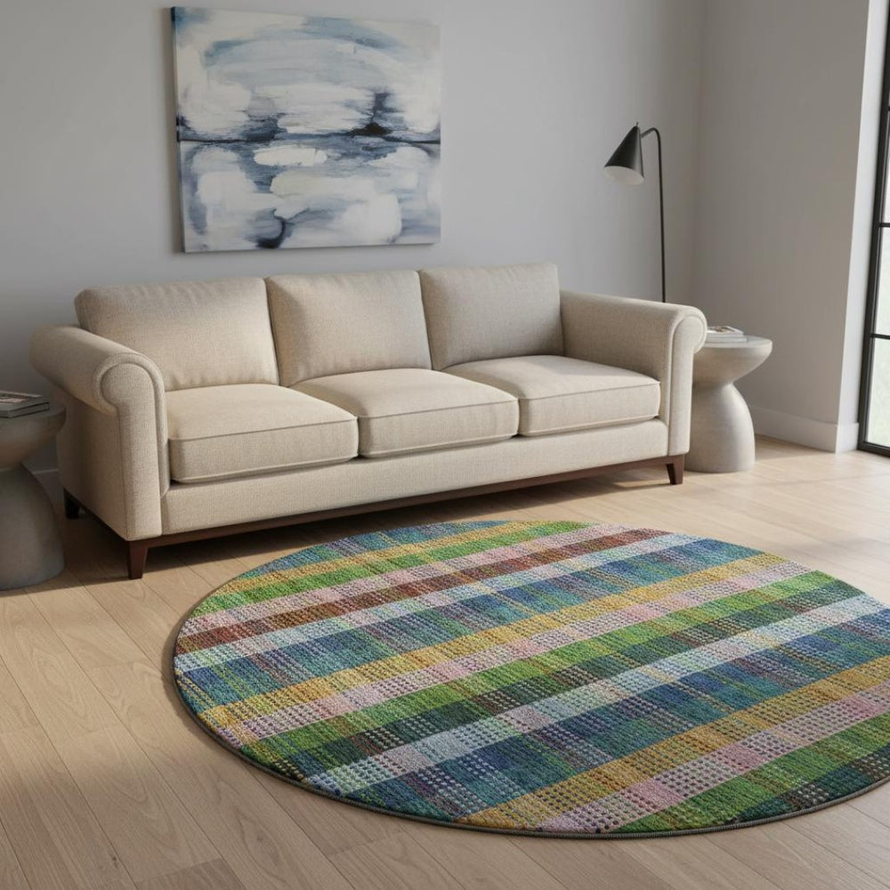 HomeRoots 8' Navy Blue, Green & Gold Plaid Washable Round Rug - Durable, Stain-Resistant, UV-Protection Design 676467