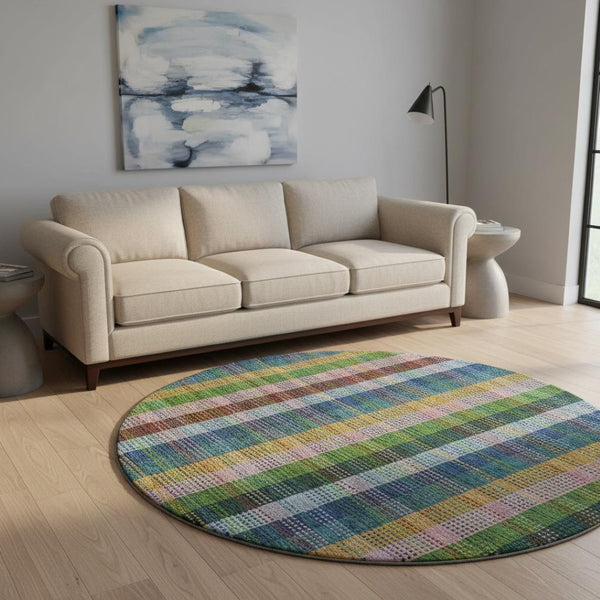 HomeRoots 8' Navy Blue, Green & Gold Plaid Washable Round Rug - Durable, Stain-Resistant, UV-Protection Design 676467