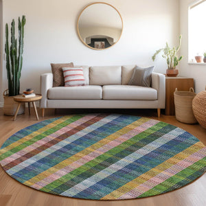 HomeRoots 8' Navy Blue, Green & Gold Plaid Washable Round Rug - Durable, Stain-Resistant, UV-Protection Design 676467