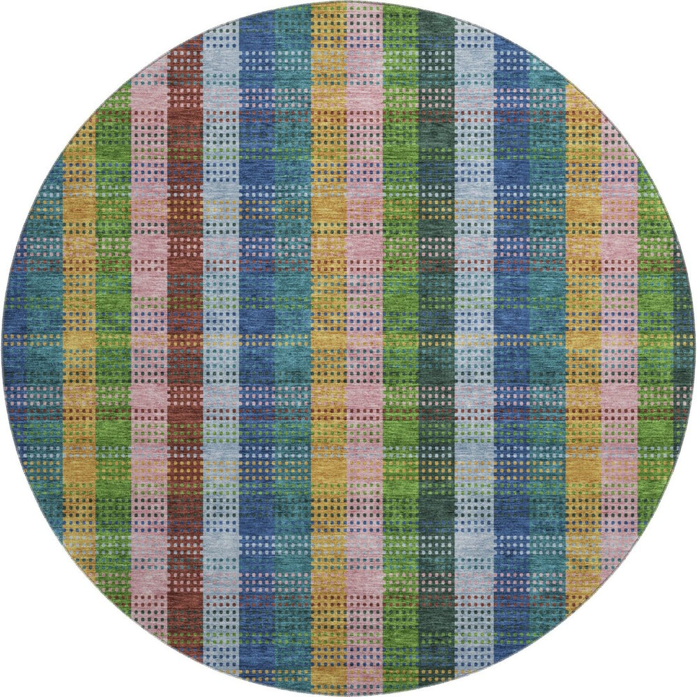HomeRoots 8' Navy Blue, Green & Gold Plaid Washable Round Rug - Durable, Stain-Resistant, UV-Protection Design 676467