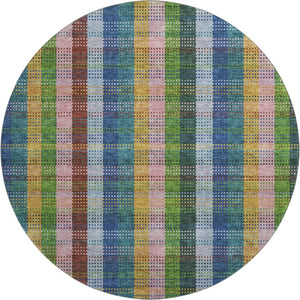 HomeRoots 8' Navy Blue, Green & Gold Plaid Washable Round Rug - Durable, Stain-Resistant, UV-Protection Design 676467