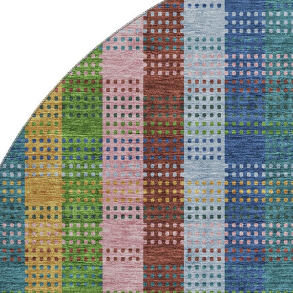 HomeRoots 8' Navy Blue, Green & Gold Plaid Washable Round Rug - Durable, Stain-Resistant, UV-Protection Design 676467