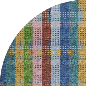 HomeRoots 8' Navy Blue, Green & Gold Plaid Washable Round Rug - Durable, Stain-Resistant, UV-Protection Design 676467