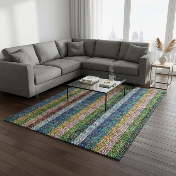 HomeRoots 8' X 10' Elegant Navy Blue Green Gold Plaid Washable Area Rug with UV Protection for Stylish Homes 676468