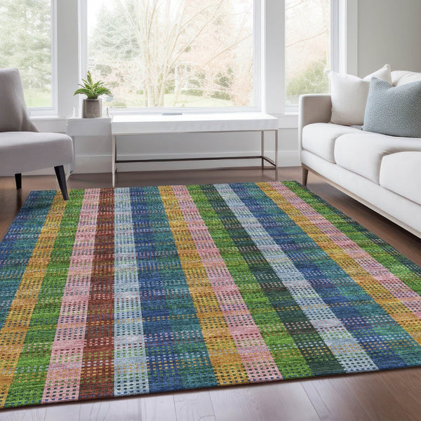 HomeRoots 8' X 10' Elegant Navy Blue Green Gold Plaid Washable Area Rug with UV Protection for Stylish Homes 676468