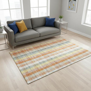 HomeRoots 5' X 8' Peach Ivory Yellow Plaid Washable Area Rug - Durable, UV Protected, Perfect for Busy Homes! 676472