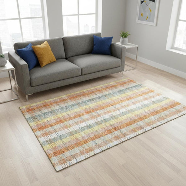 HomeRoots 5' X 8' Peach Ivory Yellow Plaid Washable Area Rug - Durable, UV Protected, Perfect for Busy Homes! 676472