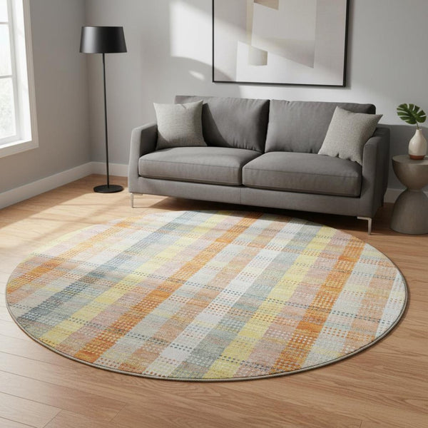 HomeRoots 8' Washable Round Rug in Peach, Ivory & Yellow Plaid - Durable, UV Protected, Perfect for Any Space! 676473