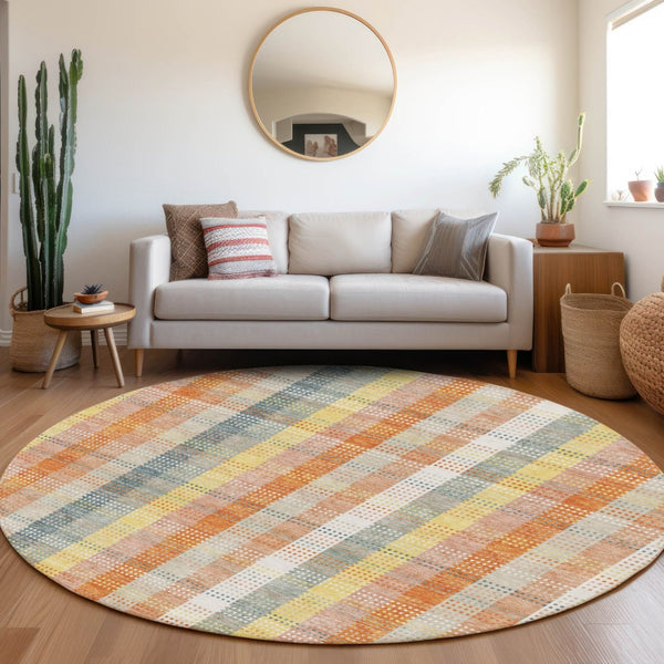 HomeRoots 8' Washable Round Rug in Peach, Ivory & Yellow Plaid - Durable, UV Protected, Perfect for Any Space! 676473