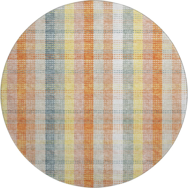 HomeRoots 8' Washable Round Rug in Peach, Ivory & Yellow Plaid - Durable, UV Protected, Perfect for Any Space! 676473