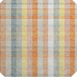 HomeRoots 8' Washable Round Rug in Peach, Ivory & Yellow Plaid - Durable, UV Protected, Perfect for Any Space! 676473