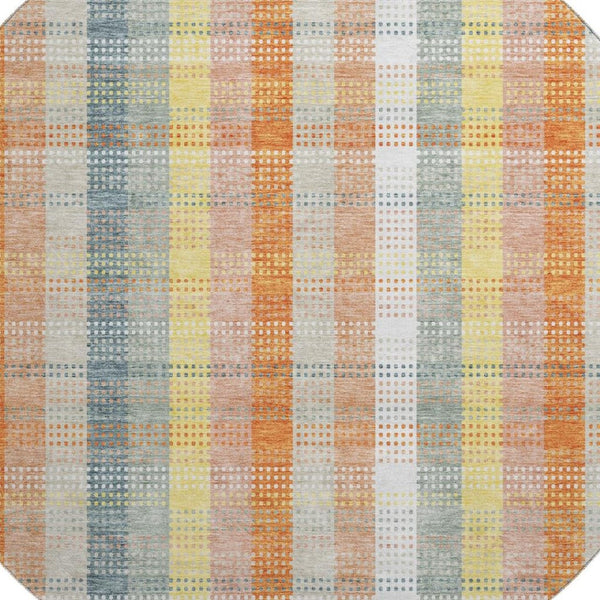 HomeRoots 8' Washable Round Rug in Peach, Ivory & Yellow Plaid - Durable, UV Protected, Perfect for Any Space! 676473