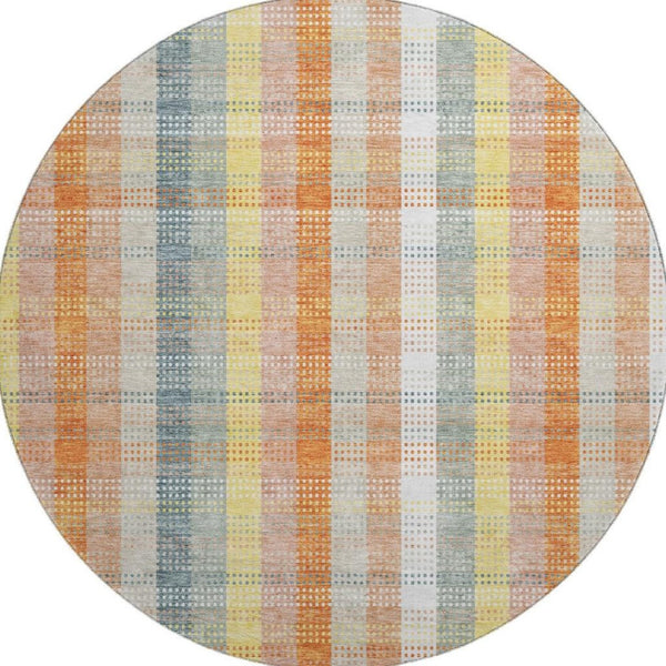 HomeRoots 8' Washable Round Rug in Peach, Ivory & Yellow Plaid - Durable, UV Protected, Perfect for Any Space! 676473